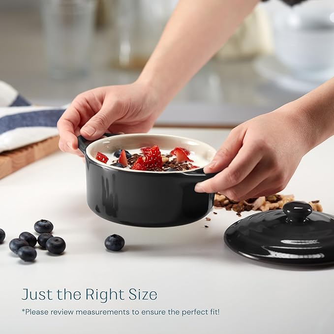 Kook Ceramic Mini Cocotte Set, Small Casserole Dishes with Lids and Handles, Individual Baking Ramekins, Oven safe 500F, Microwave & Dishwasher Safe, Stoneware, 12 oz, Set of 4, (Black)