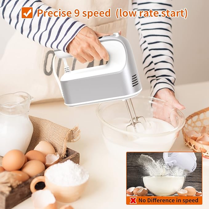 9-Speed Digital Hand Mixer Electric, 400W Powerful DC Motor, Hand Mixer Electric Handheld with Snap-On Storage Case, 5 Stainless Steel Accessories, Beaters, Dough Hooks, Whisk(Silvery White)