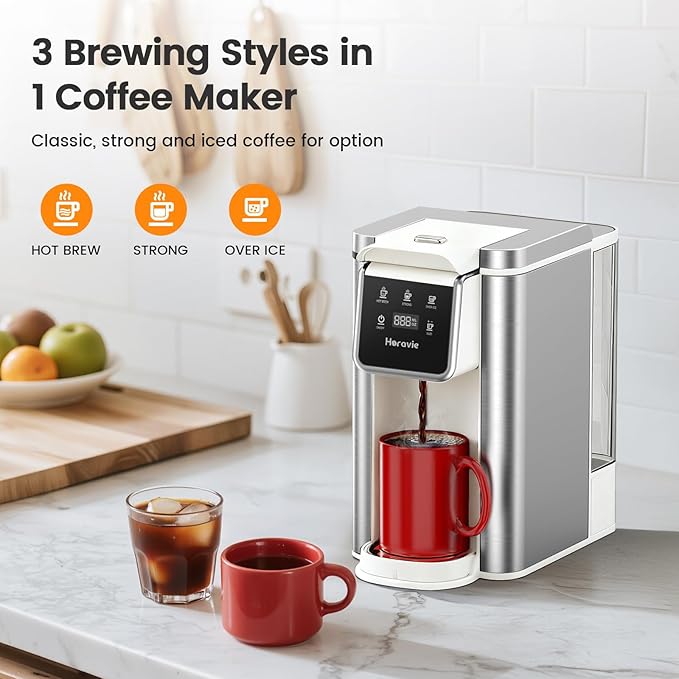 Single Serve Coffee Maker for K-Cup Pod and Grounds, Hot and Iced Coffee Maker, Strong Button Feature, 6 to 14oz Brew Sizes, 50oz Removable Reservoir, Fit 6.5" Mugs, Stainless Steel, White
