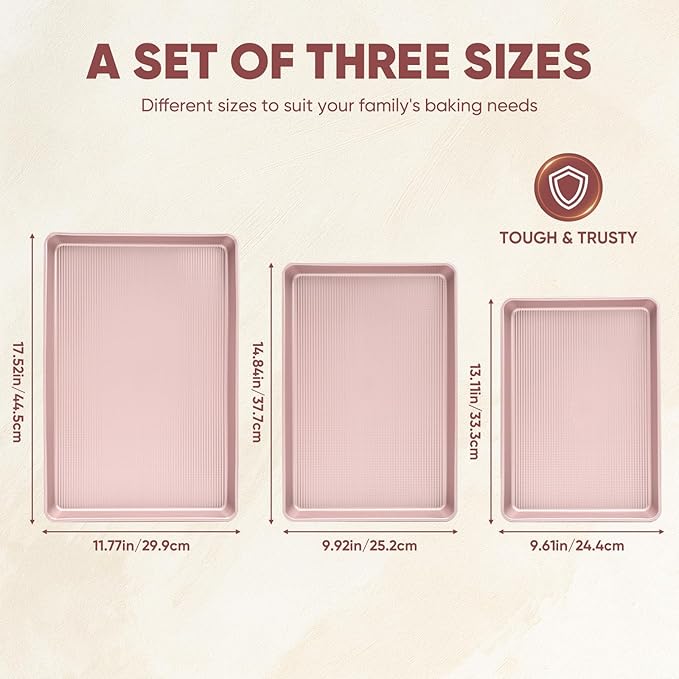 Nonstick Baking Sheet Pan Set of 3, Heavy Duty Cookie Sheets for Oven with Stripe Texture Pattern, 0.6mm Thick Quarter/Half/Jelly Roll Pans, Rust-Resistant & Easy Clean (Pink)