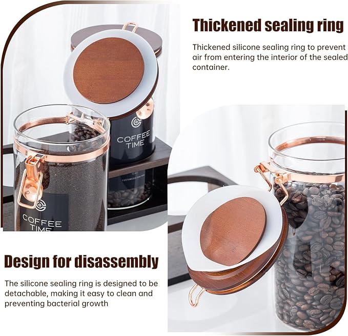 Glass Coffee Canister Set, 2-Piece Coffee Container for Bean Storage, Sealing, Coffee Bar Accessories, Shelf for Kitchen Organization (Acacia wood quality, 1)