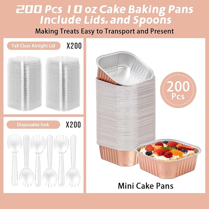 200 Pack 10 oz Square Mini Cake Pans with Lids, Disposable Aluminum Foil Baking Cups, Mini Ramekins for Brownies, Cupcakes, Cheesecake, Individual Desserts, Christmas Parties & Catering