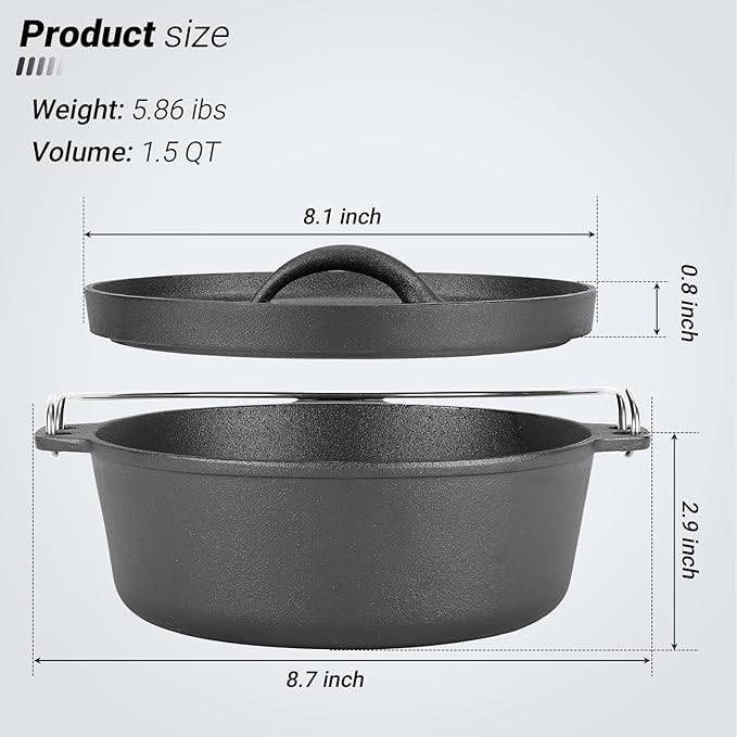 Cast Iron Dutch Oven Pot with Lid, for Small Dishes, Side Dishes, Camping Cookware set, BBQ, Garlic Roaster, 1.5 Quart Pan