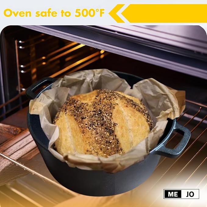 ME JO 6qt Cast Iron Dutch Oven with Multi-Functional Cast Iron Skillet Lid – Heavy-Duty Casserole Dish with Lid for Bread Making, Roasting to Frying | 4.8L Capacity | Pre-Seasoned, Hob and Oven Safe