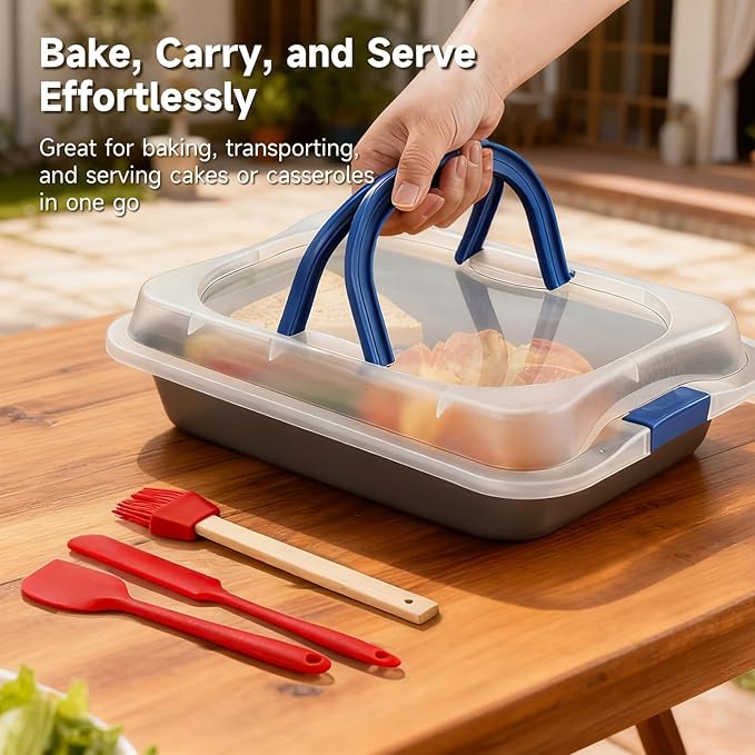 2 PCS Cake Baking Pan 9x13 with Lid & Handle, Nonstick Carbon Steel Baking Tray with Silicone Brush Scraper Spatula, Rectangular Sheet Pan for Cookies Brownie, Roasting Cooking