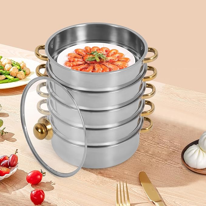 5-Tier Stainless Steel Steamer Pot, 1.32 Gal Large Capacity Stackable Food Steamer for Healthy Cooking, with Clear Lid & Gold Handle, Fits Gas/Induction/Electric Stoves, Silver/Gold