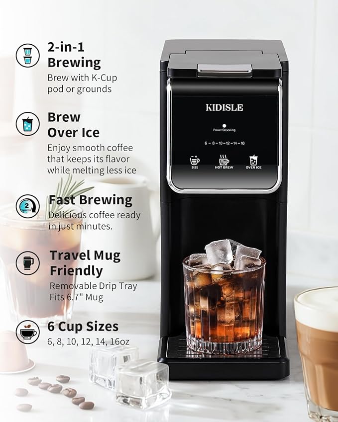 Hot & Iced Single Serve Coffee Maker for K Cup & Grounds, 6–16oz Brew Sizes, 40oz Water Tank, Reusable Pod Filter, Easy-to-Use, Black
