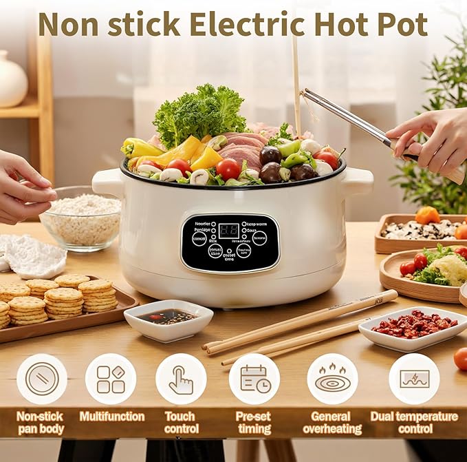 SOONHUA 3.2L Non-Stick Electric Hot Pot with Steamer, Multifunctional Electric Cooker with 9.5H Delay Timer & 6 Presets, Electric Cooking Pot for Soup, Rice, Noodles, Home & Dorm Use