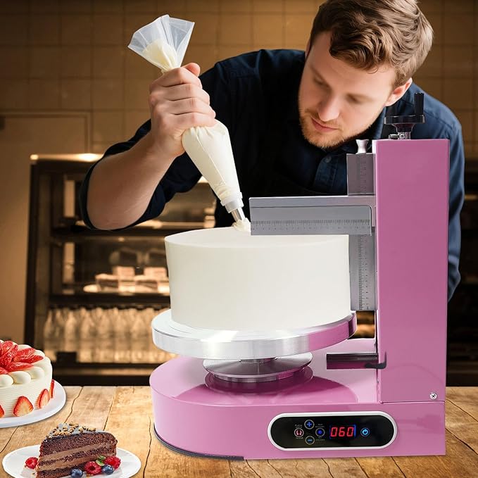 Cake Decorating Machine, Automatic Cake Cream Frosting Machine,Cake Icing Machine with Adjustable Scraper, for 4" to 12" Cake, 60-320rpm for Cake Dessert Shops, Home (Pink)