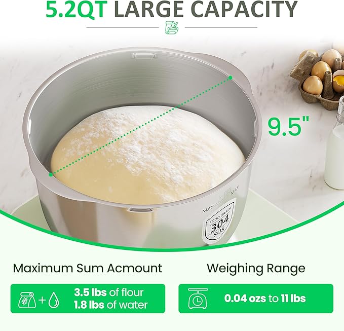 Electric Dough Maker with Ferment & Weighing Function, 5.2QT Dough Mixer with 304 Stainless Steel Bowl, Flour Kneading Machine for Pizza Bread Maker, Microcomputer Timing, Face-up Touch Panel