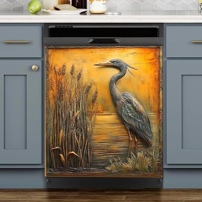 Heron Bird Dishwasher Magnet Cover, Bronze Gold Refrigerator Magnetic Vinyl Sticker for Dishwasher Door, Decorative Kitchen Appliance Panel Decal, 23Wx26H Inches