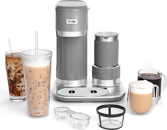 Mr. Coffee 4-in-1 Latte Lux Iced Hot Coffee Maker with Built-In Milk Frother Single-Serve 22 Ounces