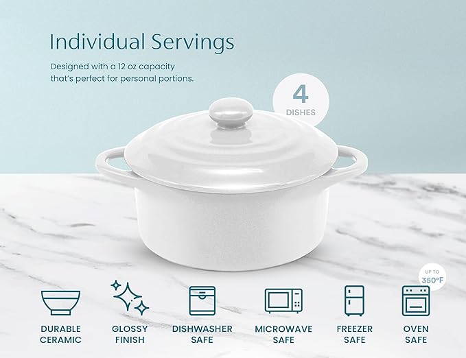 Kook Ceramic Mini Cocotte Set, Small Casserole Dishes with Lids and Handles, Individual Baking Ramekins, Oven safe 500F, Microwave & Dishwasher Safe, Stoneware, 12 oz, Set of 4, (Swiss White)