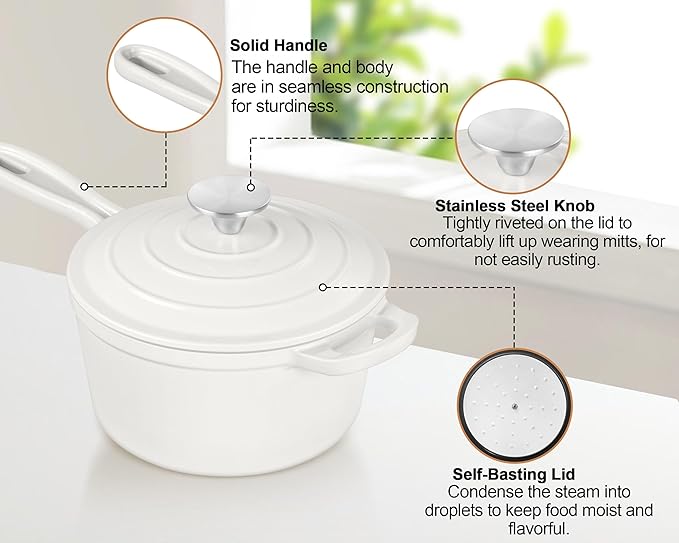 TeamFar 1QT Enameled Cast Iron Sauce Pan, Small Sauce Pot with Lid, Mini Dutch Oven Saucepan for Cooking/Simmering/Baking/Boiling, Sturdy & Nonstick, Oven Safe & Fit for Induction- White