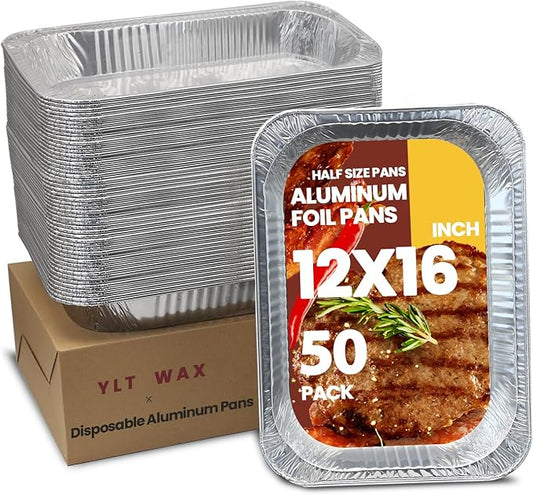 YLT WAX 12x16 Aluminum Foil Pans, 50 Pack Disposable Full Size Large Baking Pan for Roasting, Restaurants, Cooking, Heating, Buffets