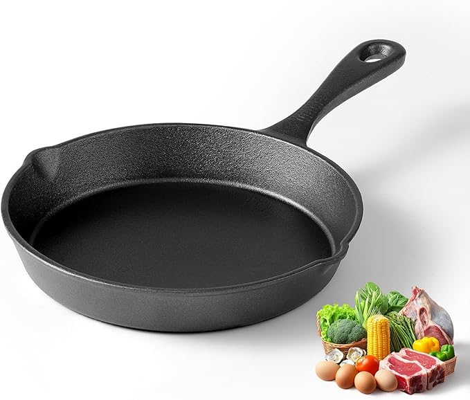 Cast Iron Skillets, 8 Inch Frying Pan with Teardrop Handle, Oven Safe, Durable Camping Cookware for Stove & Grill Use, Indoor/Outdoor