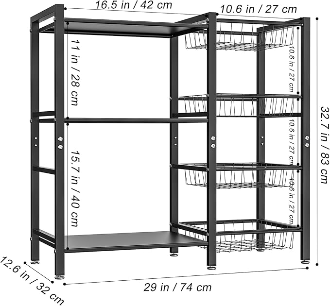 Storage Rack Kitchen Baker's Rack - 3 Tiers 4 Baskets, Utility Coffee Bar, Air Fryer Stand with Steel Mesh Baskets