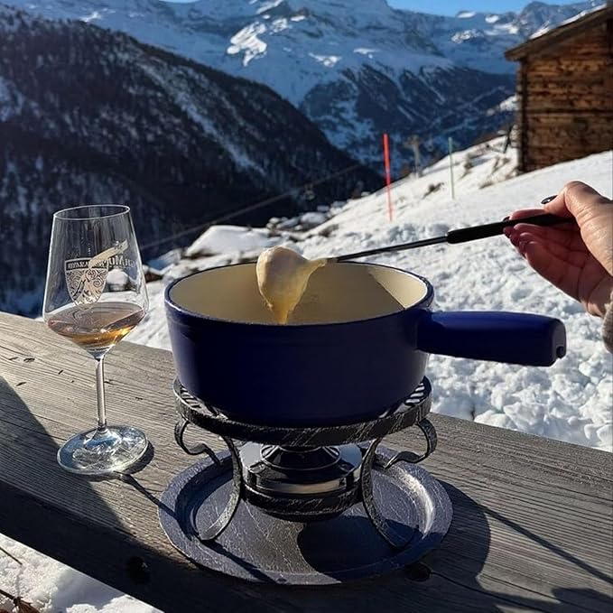 Artestia Cast Iron Fondue Pot Set for Cheese & Chocolate, Fondue Set for 6 with Burner & 6 Forks, Swiss Fondue Pot for Party, Family & Gift, Blue