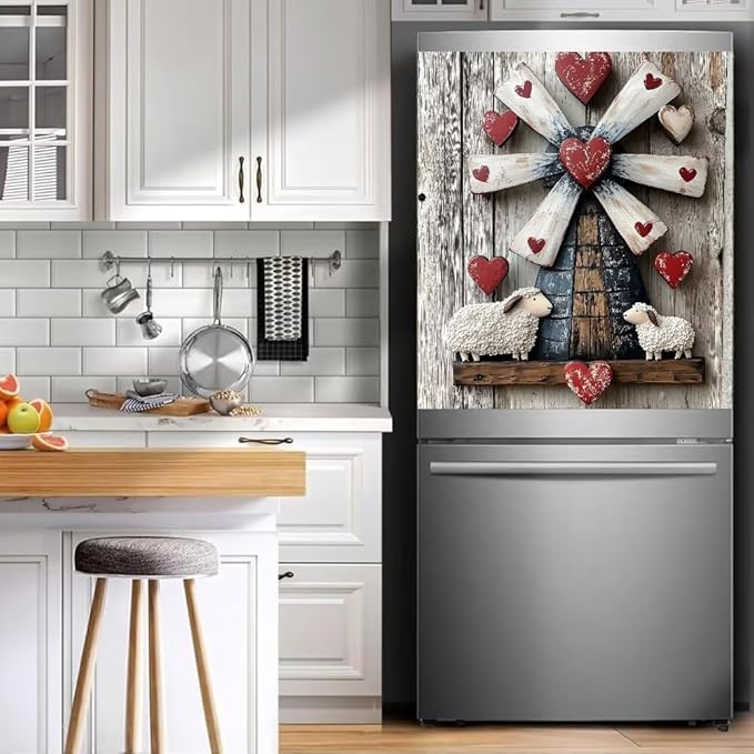 Dishwasher Magnet Cover, Rustic Farmhouse Windmill with Sheep and Hearts Refrigerator Magnetic Vinyl Sticker for Dishwasher Door, Decorative Kitchen Appliance Panel Decal, 23Wx26H Inches