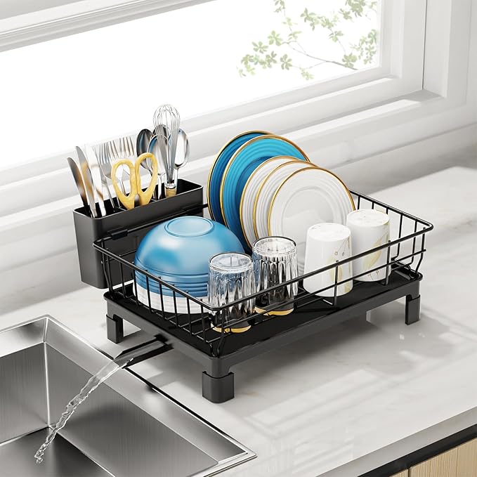 GSlife Small Dish Drying Rack for Kitchen Counter with Drainboard - Compact Dish Drainer for RV, Camper and Apartment, Rust-Resistant Wire Rack with Utensil Holder, 15"L x 10"W, Black