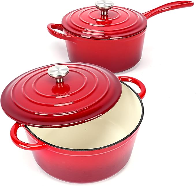 Hisencn Enameled Cast Iron Cookware Set - 2 PC Set of 5.5QT Dutch Ovens, 2QT Sauce Pan, Dutch Oven Set, Ceramic Coated Cast Iron, Heavy Duty, Gas/Induction Compatible,Red