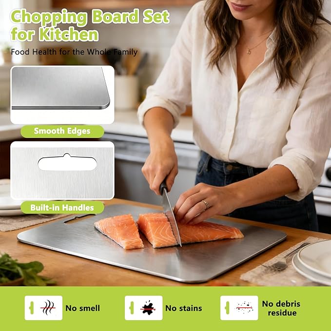 2026 New Food-Grade 100% Pure Titanium Cutting Board Set of 3, Double Sided Cutting Boards for Kitchen, Titanium Cutting Boards for Kitchen Dishwasher Safe (S+M+L)(Titanium)