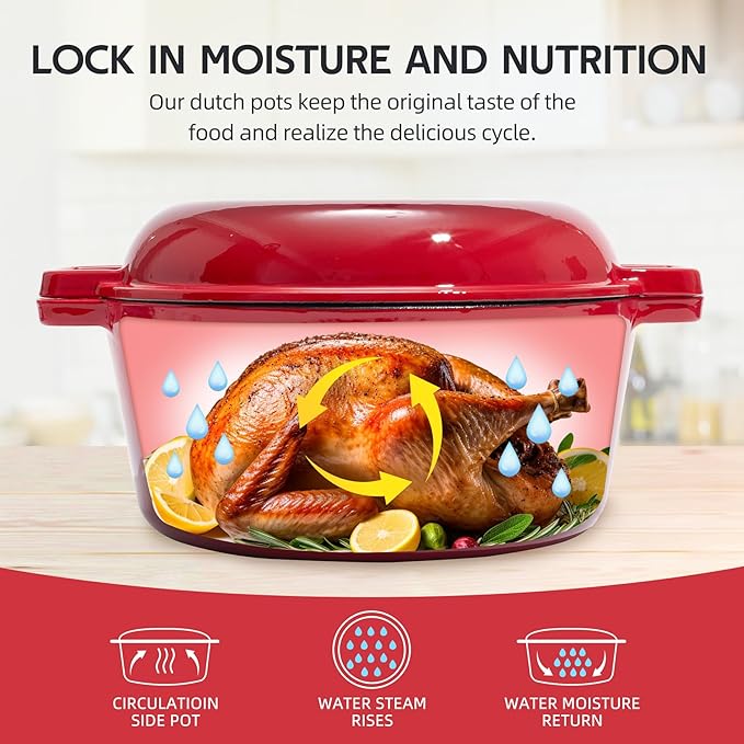 2 in 1 Enameled Cast Iron Dutch Oven Pot 6QT with 2QT Lid - Big Dual Handles - Oven Safe up to 500°F - Classic Round Pot for Versatile Cooking Red