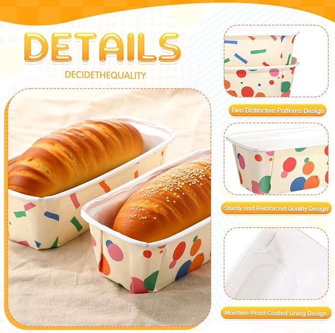 Honeydak 100 Sets Mini Loaf Pans Disposable Holiday Paper Baking Pans Bulk for Baking 6.3 x 2.2 x 2.2 in Mini Loaf Trays with Clear Plastic Packaging Bags and Ties Rectangle Food Trays (Confetti)