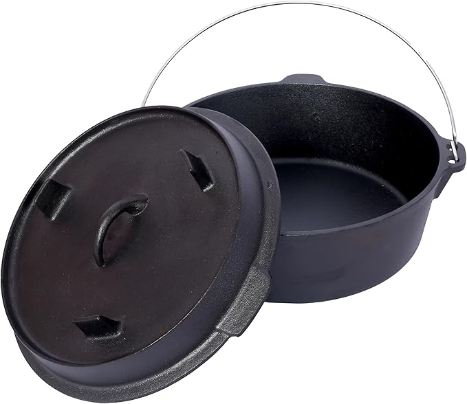 Pre-Seasoned Cast Iron Dutch Oven with Skillet Lid - 6 Quart Outdoor Camping Pot, Iron Pot Rack Included for Fireplace BBQ, Baking & Campfire Cooking