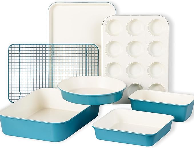 CAROTE 7-Piece Nonstick Ceramic Baking Pans Set - Bakeware Sets Including Cookie Sheets for Baking, Muffin Pan, Bread Pan, Cake pan, Loaf Pan, Roasting Pan, and Cooling Rack, LIght Blue & White