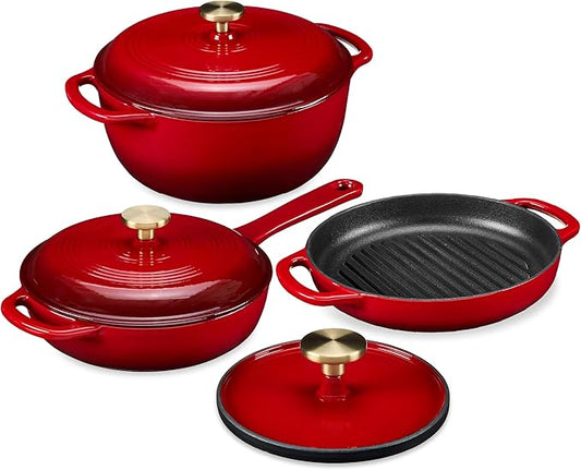 Best Choice Products Non-Stick Pot & Pan Cookware Set, Cast Iron, 2Qt Skillet W/Lid, 10" Grill Or Griddle Pan W/Press, 6Qt Enameled Dutch Oven, Non-toxic, For Cooking & Grilling - Red