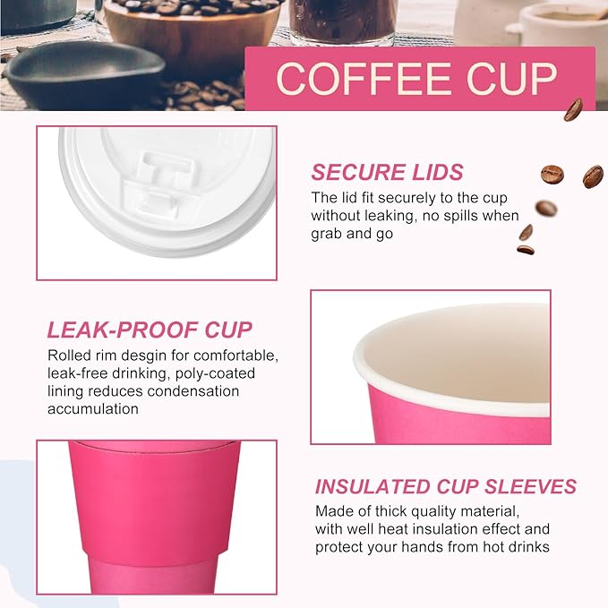Patelai 48 Pcs 12 oz Disposable Coffee Cups with Lids and Sleeves Bulk, Insulated Hot Chocolate Paper Cup for Hot and Cold Beverage Water Juice Cocoa Tea Party Restaurants Travel Supplies (Dark Pink)