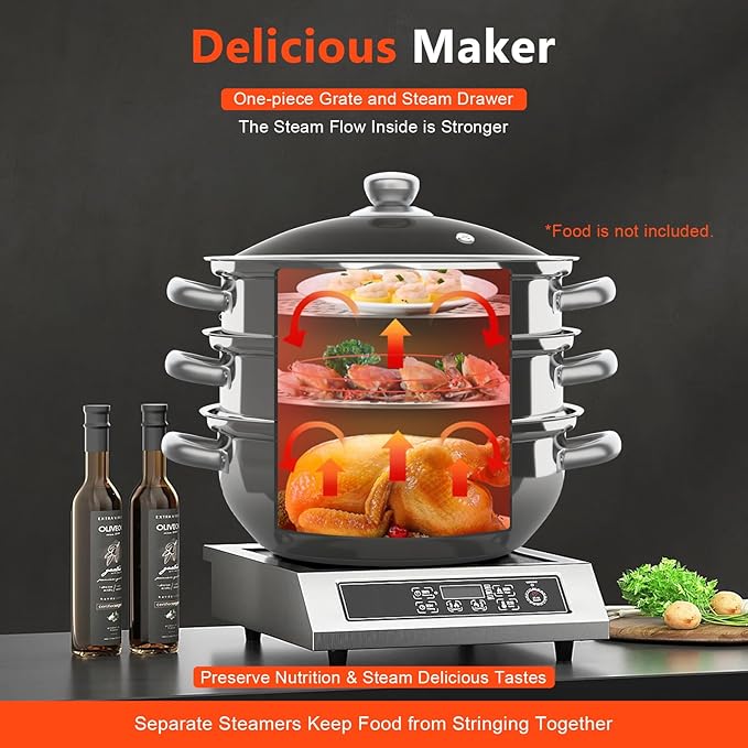 3-Tier Steam Pot, 12.8in Stainless Steel Steamer, Steamer Cookware with Lid, Food Steam Pots with Handles for Vegetables, Seafood, Dumpling