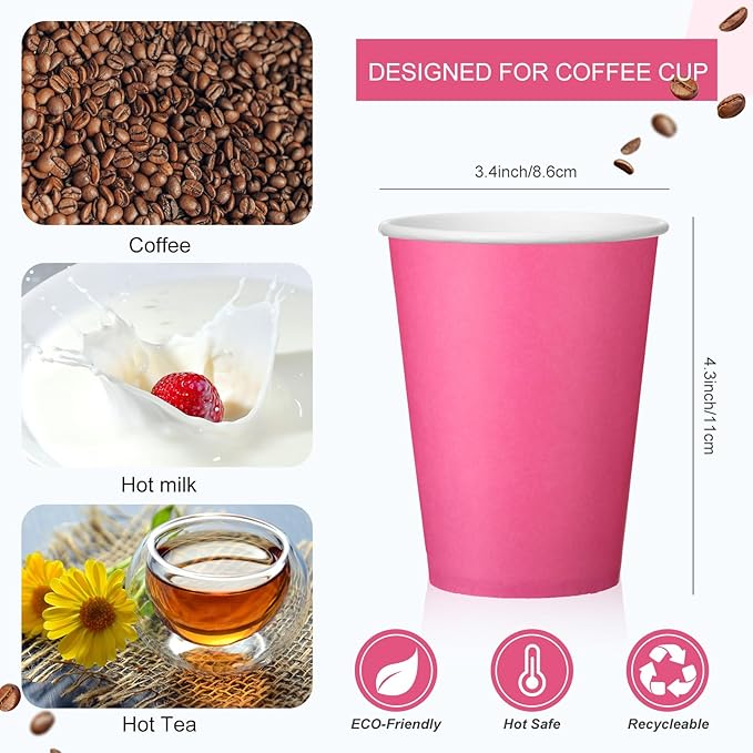 Patelai 48 Pcs 12 oz Disposable Coffee Cups with Lids and Sleeves Bulk, Insulated Hot Chocolate Paper Cup for Hot and Cold Beverage Water Juice Cocoa Tea Party Restaurants Travel Supplies (Dark Pink)