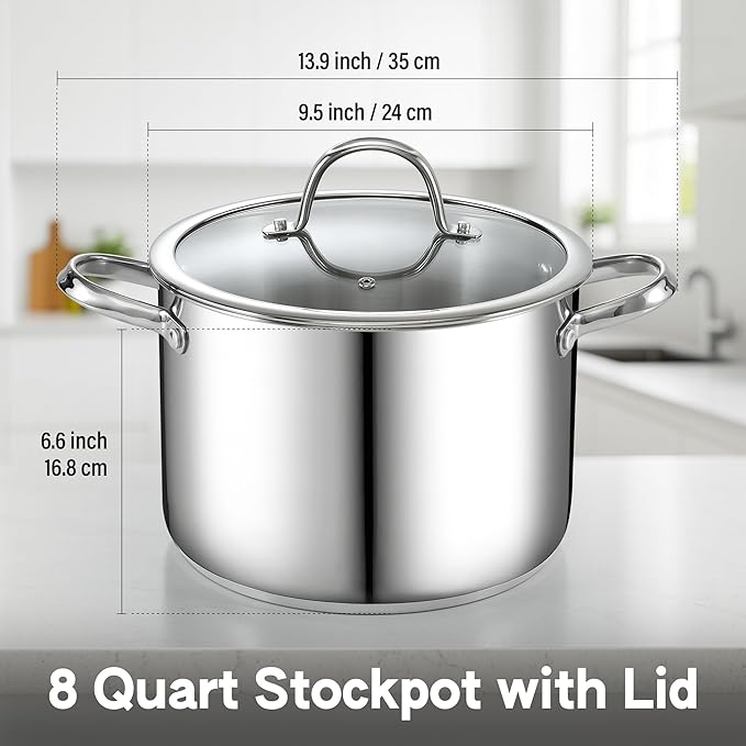 Cooks Standard 8-Quart Stainless Steel Stockpot with Glass Lid, Large Dutch Oven Casserole for Soup, Stew, Chili & Pasta, Induction Compatible