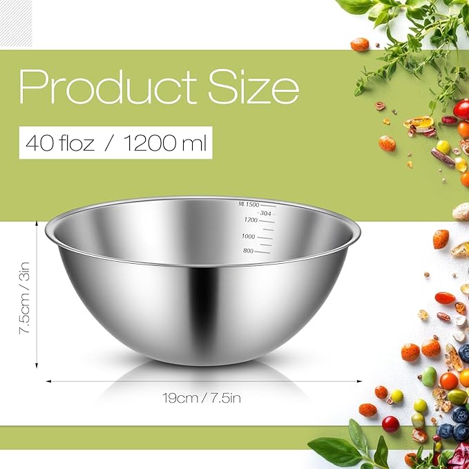 Honeydak 12 Pcs 304 Stainless Steel Mixing Bowls with Graduations, Salad Bowls Metal Serving Reusable Baking Food Storage Containers for Baking, Cooking, Salads, Soups, Ice Cream, Noodles (40 oz)