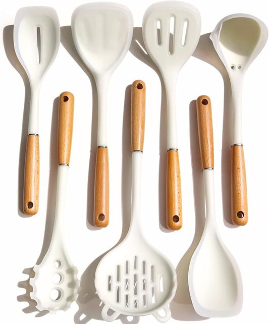 Quality Silicone Cooking Utensils Set - Non-Toxic, Heat-Resistant Kitchen Utensils Set with Food-Grade Silicone & Wood Handles - Includes Spatula & Spoon for Non-Stick Cookware, Translucent White