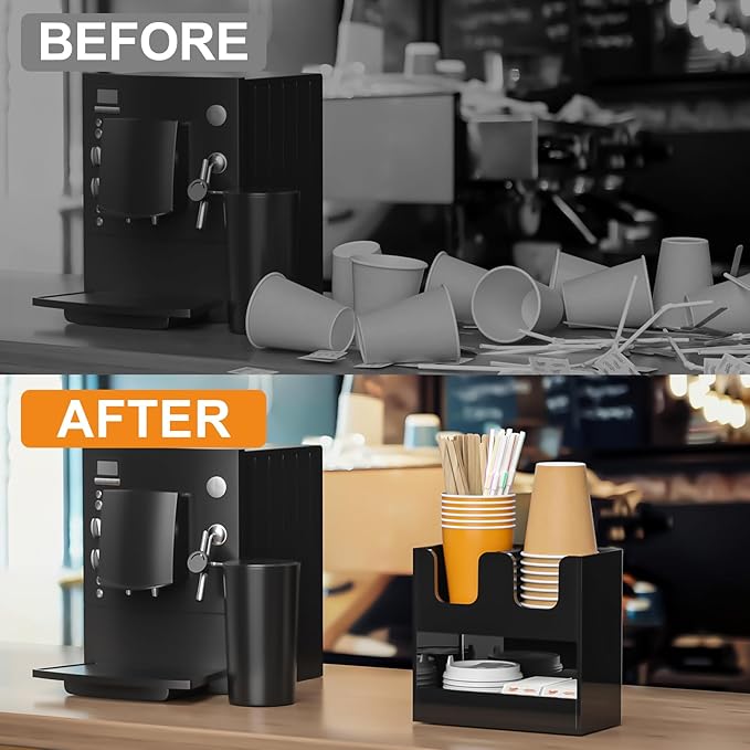 Beego 3-Compartment Cup Holder for Countertop - 2-Tier Black Acrylic Cup Dispenser Coffee Station Paper Cup and Lid Organizer Condiment Storage for Restaurant Breakroom Kitchen Bar Accessories
