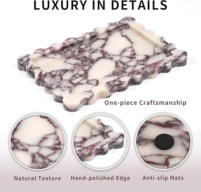 Scalloped Vanity Marble Tray - Large Home Decorative Stone Perfume Candle Plates for Bathroom Accessories Coffee Table Bar, Luxury Antique Key Dish for Kitchen Countertop (10.6" x 7.4" x 0.8")