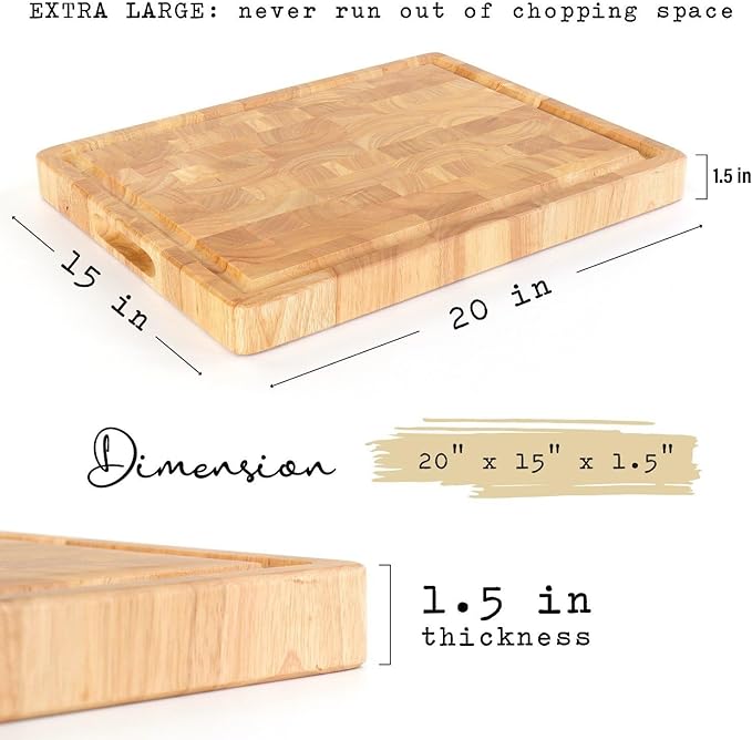 End Grain Cutting Board (20 x 15 x1.5 inch) Extra Large & Thick, End Grain Built-In Compartment and Juice Canal, Heavy Duty Chopping Board, Thick Carving Board for Bread Fruits Meat