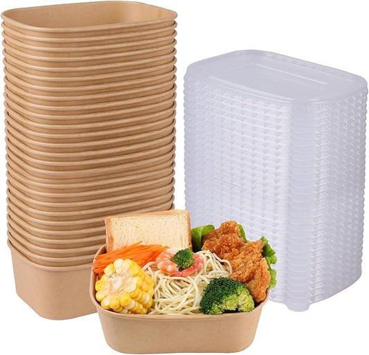 28 oz Disposable Kraft paper bowls with lids, Rectangle Food containers Soup Bowls Party Supplies Treat Bowls 50 Pack
