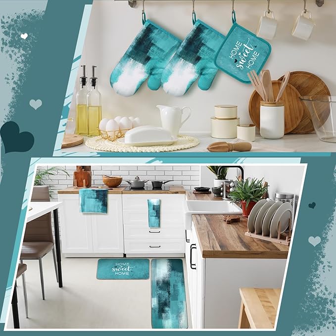 10 Pcs Teal Turquoise Oven Mitts and Pot Holders Kitchen Decor and Accessories Set Turquoise Kitchen Towels Modern Boho Oven Gloves for Home Decorations Cooking Baking Housewarming Gifts