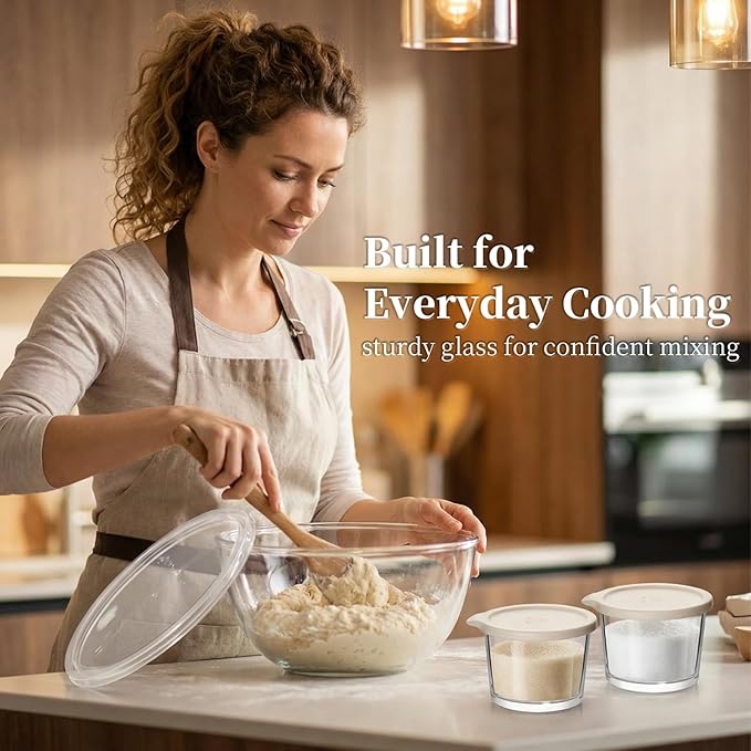 Large Glass Bowl for Sourdough Bread Making with Lid, 5Quart Deep Big Glass Bowl Large Salad Bowl with 8oz Small Bowls(clear)