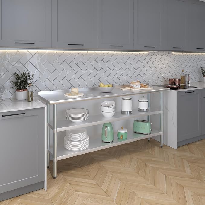 AmGood Stainless Steel Work Table with 1.5" Backsplash and 2 Shelves | Metal Kitchen Food Prep Table | NSF (72" Long x 18" Deep)