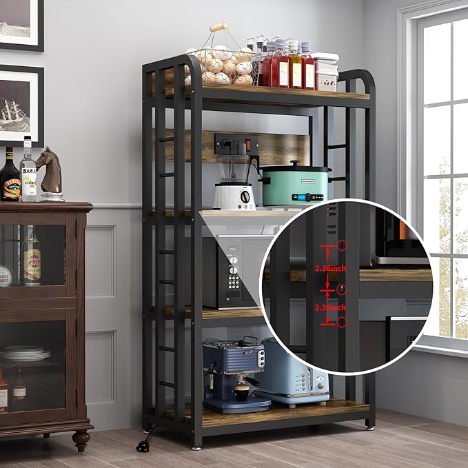 Bakers Rack with Power Outlet ，4-Tier Kitchen Baker's Rack,Microwave Stand with Storage Suitable for Kitchen, Living Room, Dinning Room，Coffee Bar(Rustic Brown)