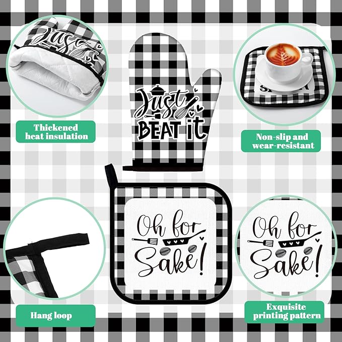 12 Pcs Checkered Buffalo Kitchen Oven Mitts and Pot Holders Black and White Dish Towels Farmhouse Kitchen Decor Accessories Set for Chef Baking Cooking Grilling BBQ Women Mom Gift