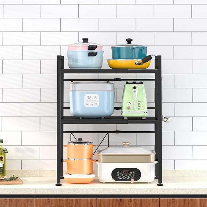 PUSDON Microwave Oven Rack, Adjustable Heavy Duty 3-Tier Shelf with 3 Hooks for Kitchen Counter Top Organizer, Holds 160lbs, Black