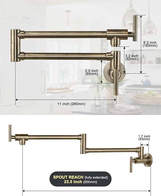 Pot Filler Faucet Green Bronze, WOWOW Brass Pot Filler Wall Mount Kitchen Stove Faucet with Double Joint Swing Arms