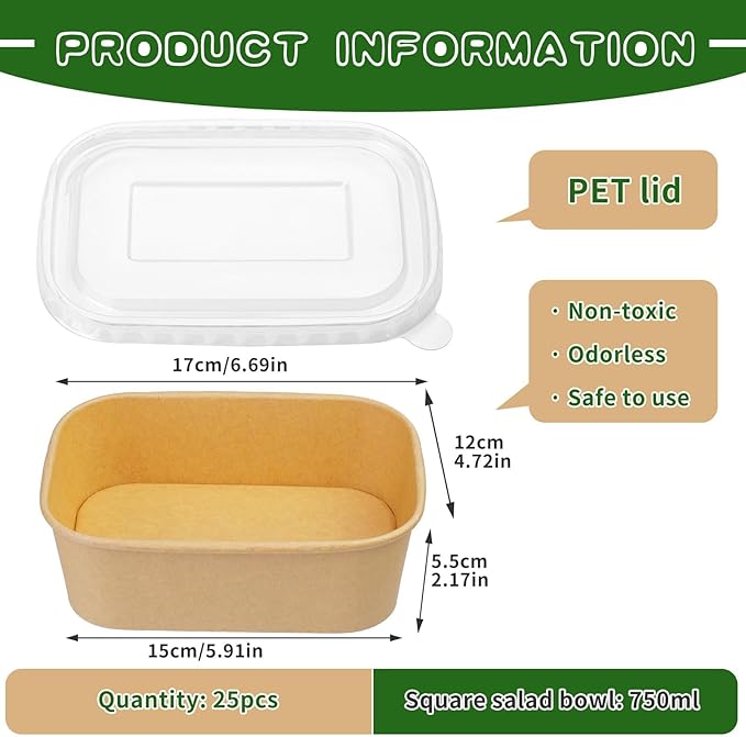 25 Pack 25 oz Paper Bowls, Disposable Food Containers with Lids, Rectangular Disposable Bowls, Disposable Salad Bowls with Lids for Diet Salad, Ice Cream, Yogurt, Party Food