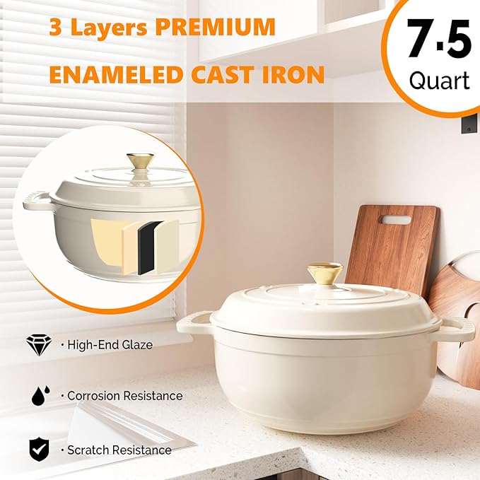 ROVSUN Enameled Cast Iron Round Dutch Oven, 7.5QT Pot with Lid &Dual Handles with Silicone Gloves,Oven Safe up to 500°F, Heavy-Duty Pre-Seasoned Cookware for Bread Baking, Braising, Stews, Roasting,Cream White
